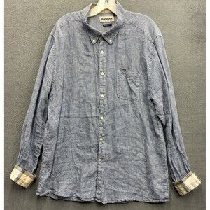 Barbour Button Down Shirt Men Tailored Fit Flip Cuff Blue Micro Check 100% Linen